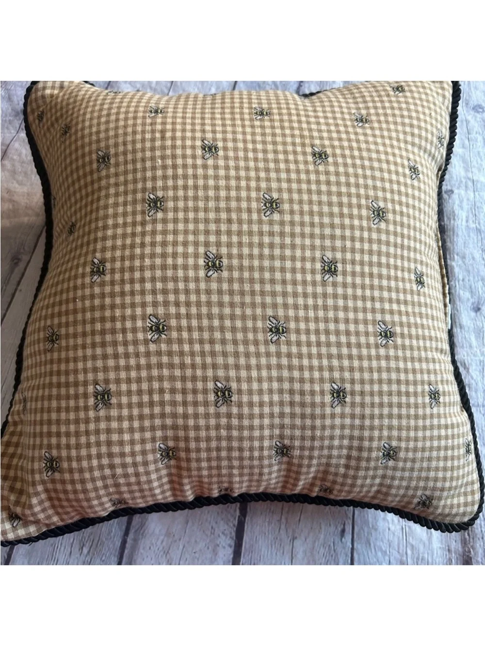 Waverly Beige Gingham Embroidered Accent Pillow with Black Piping